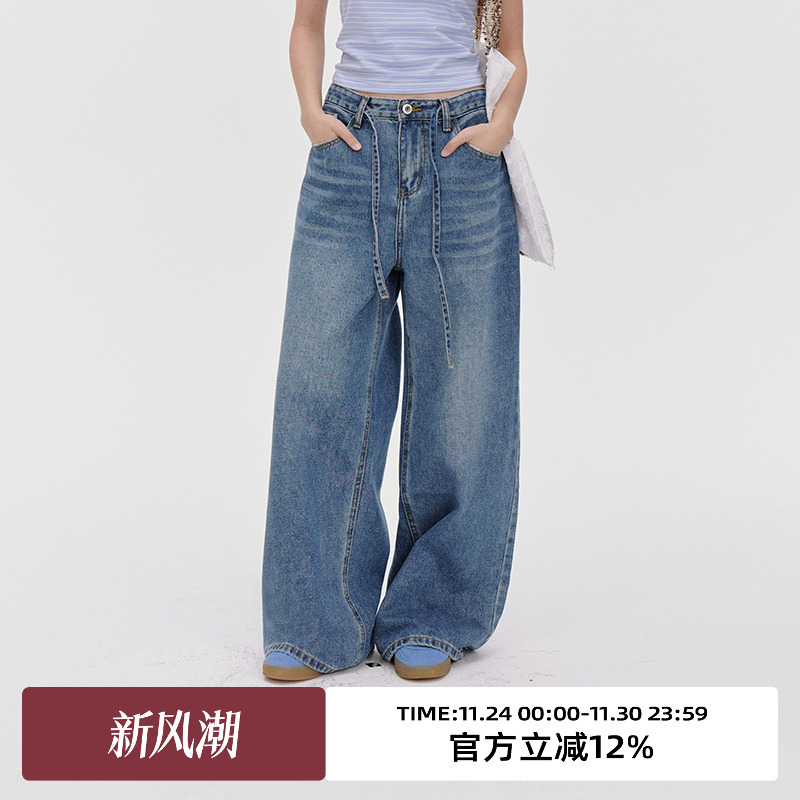 腰围抽绳设计/复古阔腿牛仔裤