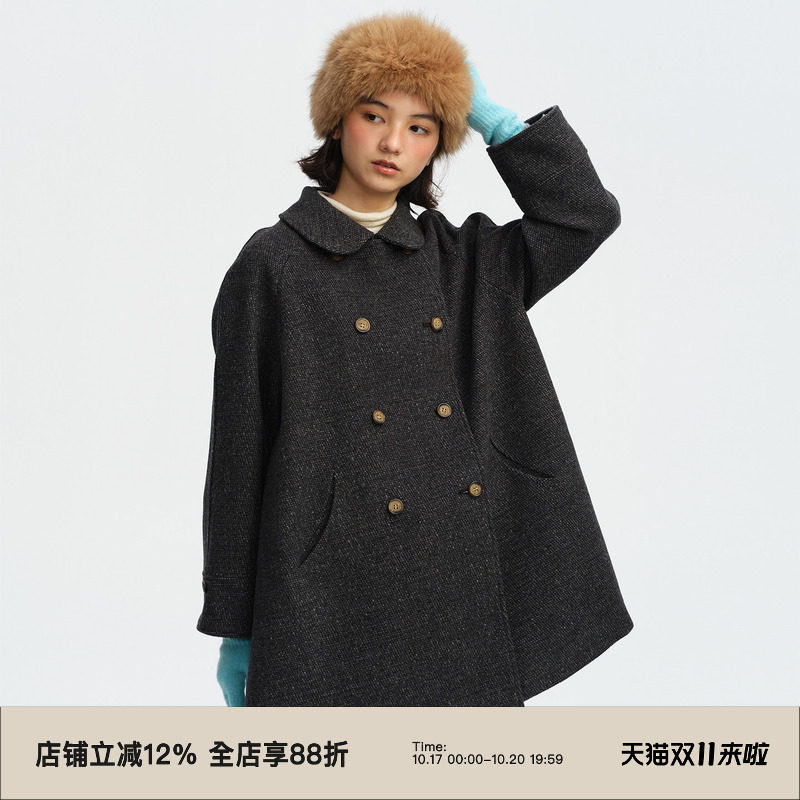 omont蛋挞家绵羊毛混纺复古娃娃领双排扣毛呢外套冬中长大衣