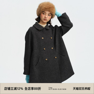 omont蛋挞家绵羊毛混纺复古娃娃领双排扣毛呢外套冬中长大衣