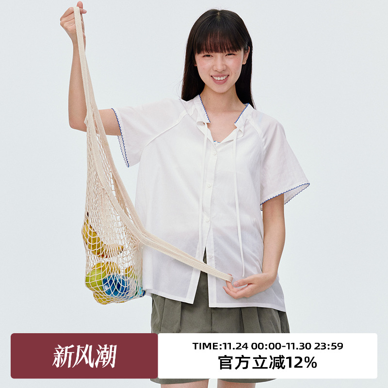 撞色领口设计/宽松版型/短袖衬衫