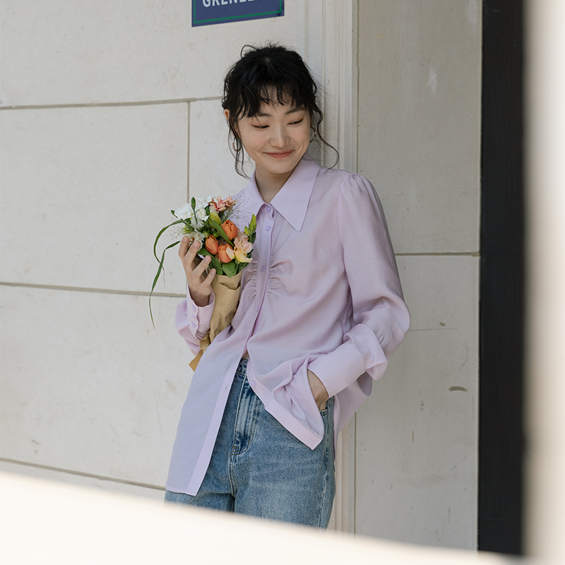 复古小尖领褶皱长袖衬衫