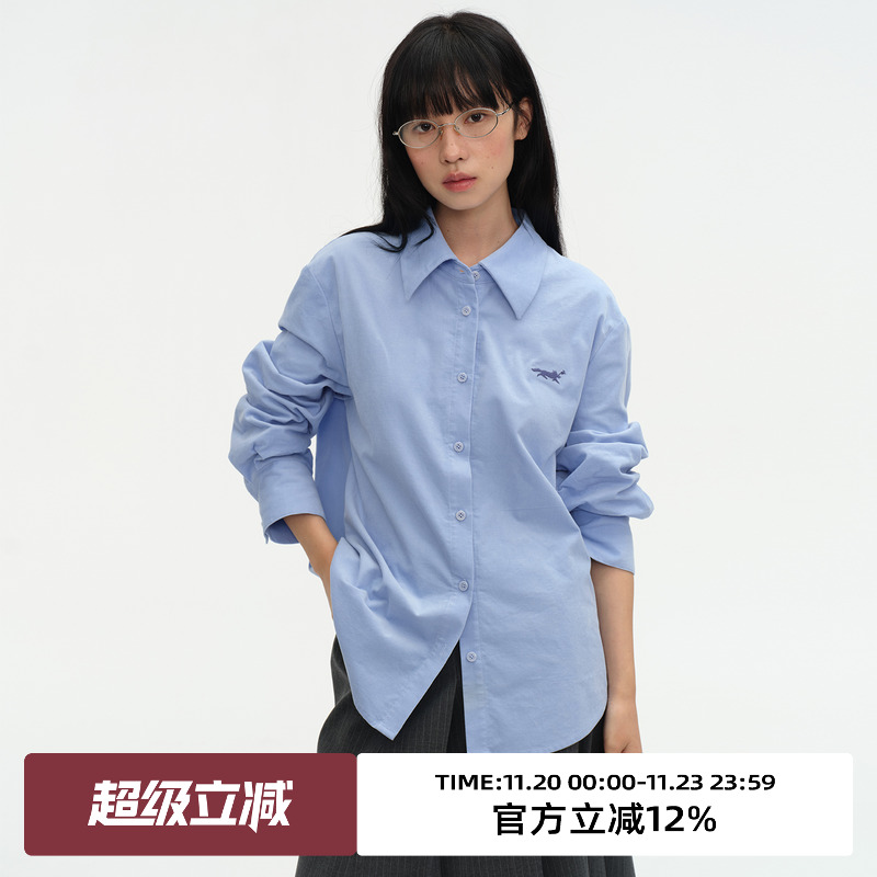 围巾领/瘦长版型/刺绣长袖衬衫