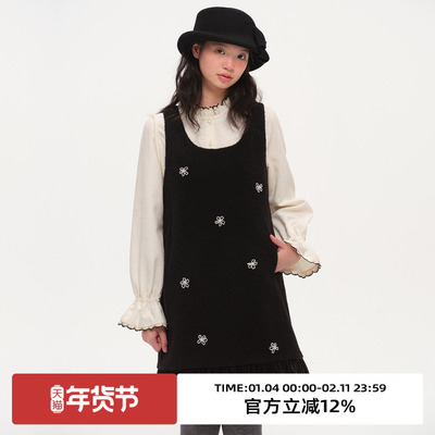 气质U领手缝珍珠花朵背心裙子