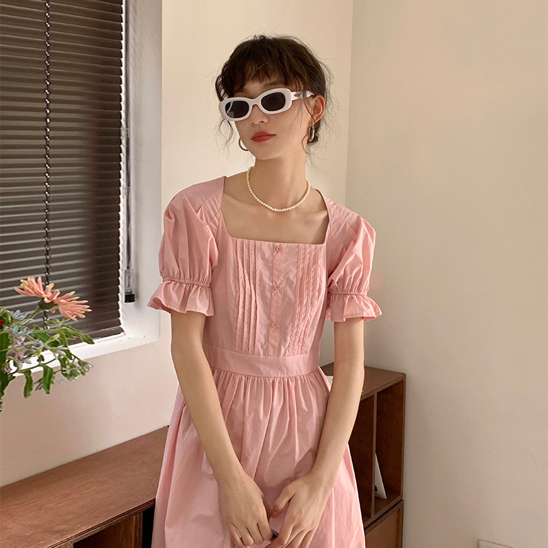 omont蛋挞家方领泡泡袖连衣裙
