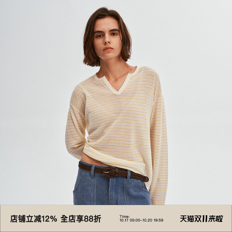 omont蛋挞绵羊毛混纺V领条纹薄款罩衫2026秋季慵懒感宽松针织毛衣