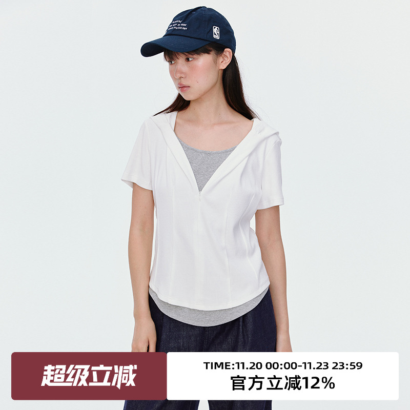假两件连帽设计/修身短袖T恤