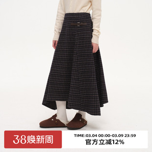 omont蛋挞家复古不规则下摆毛呢半身裙2025冬高腰设计感格子裙子