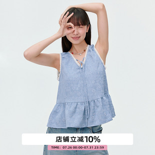 上衣2025夏季 omont蛋挞家复古V领木耳边无袖 高级感宽松设计感背心
