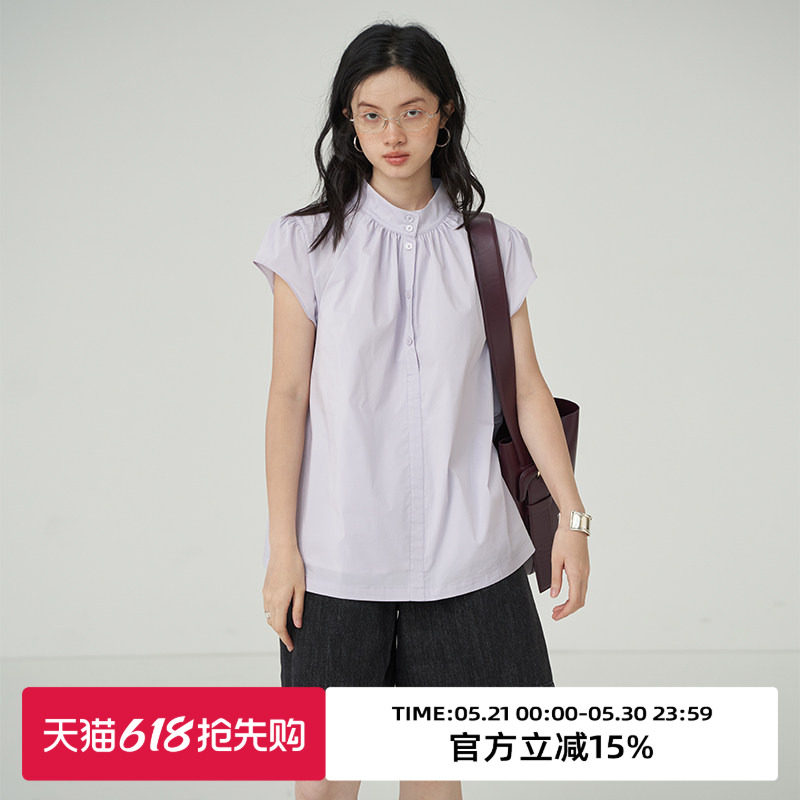 omont蛋挞家 小飞袖立领短袖衬衫女夏季新款复古宽松显瘦紫色上衣
