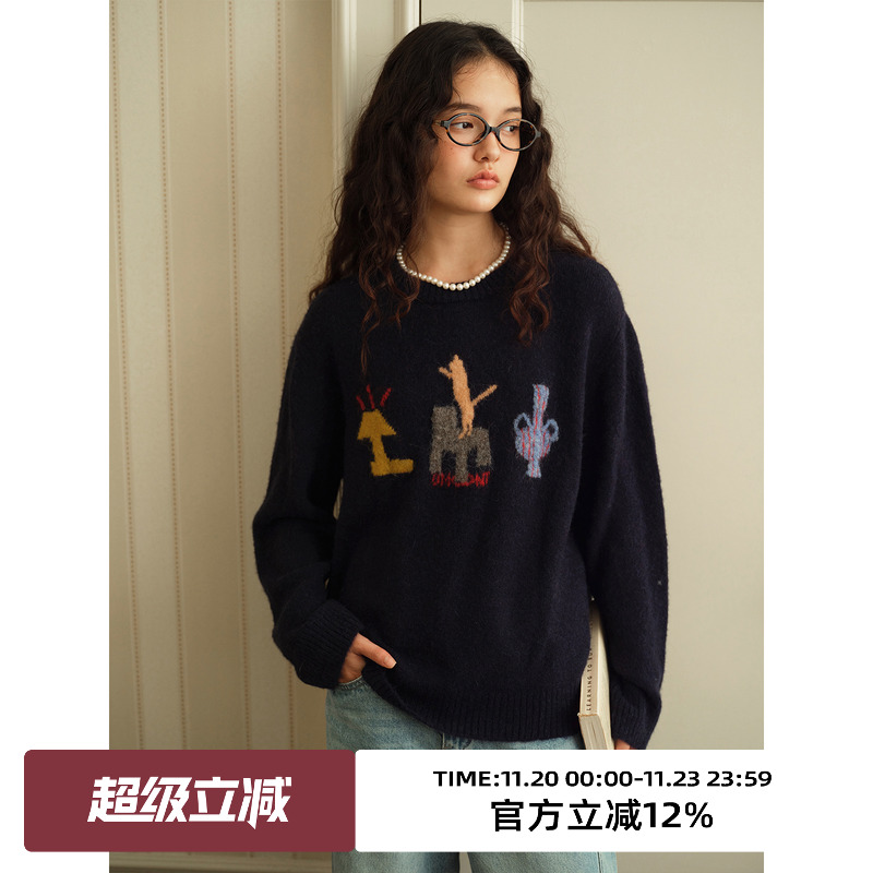 趣味猫咪提花圆领宽松学院感毛衣