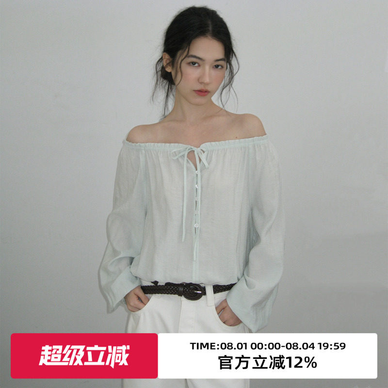 omont蛋挞家复古系带圆领长袖物理防晒衬衫2026秋一字肩通勤衬衣