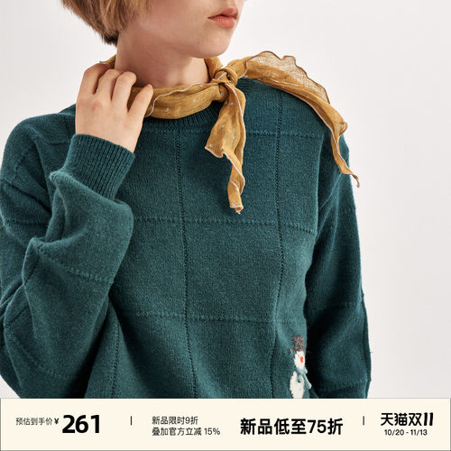 复古小雪人提花宽松套头针织毛衣