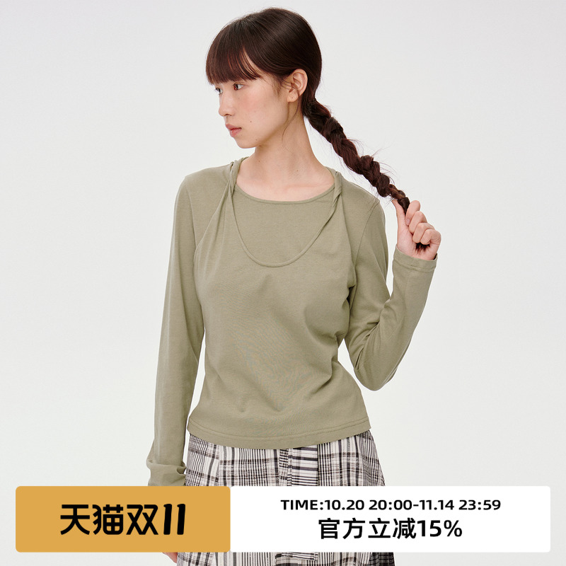 假两件挂脖扭结设计/圆领长袖T恤