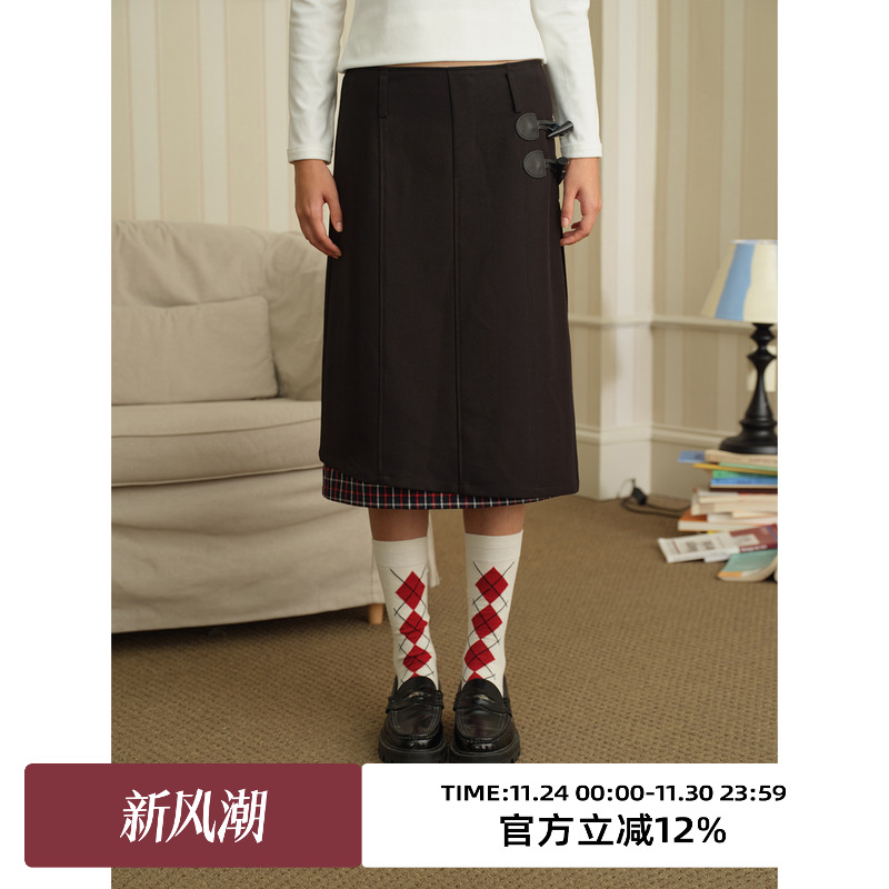 复古牛角扣设计高腰半身裙