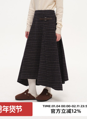 omont蛋挞家复古不规则下摆毛呢半身裙2025冬高腰设计感格子裙子