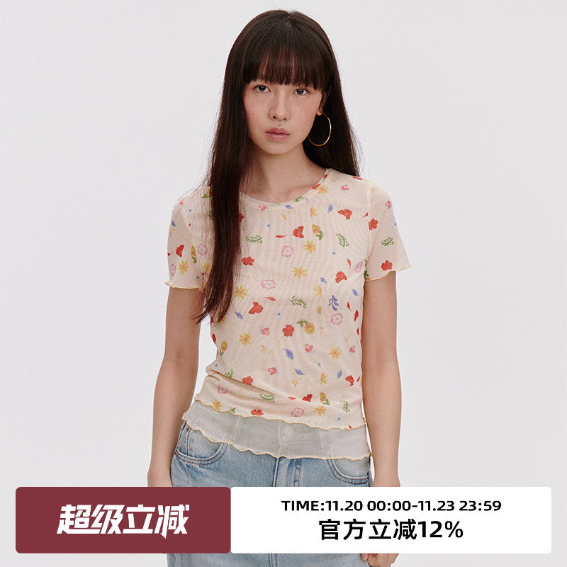 印花网纱/小圆领/撞色花边T恤