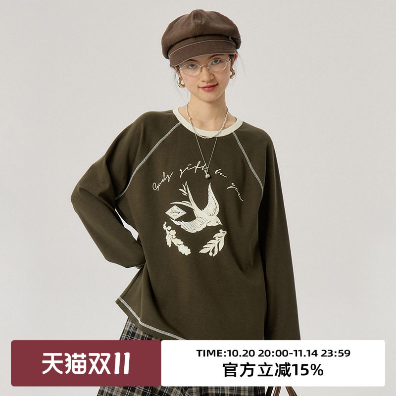 omont蛋挞家 复古撞色拼接长袖T恤春秋圆领宽松显瘦休闲印花上衣