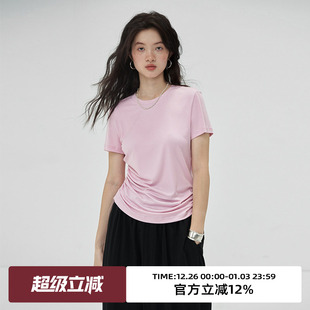 正肩显瘦圆领上衣 T恤女夏新修身 omont蛋挞家 纯色设计感短袖