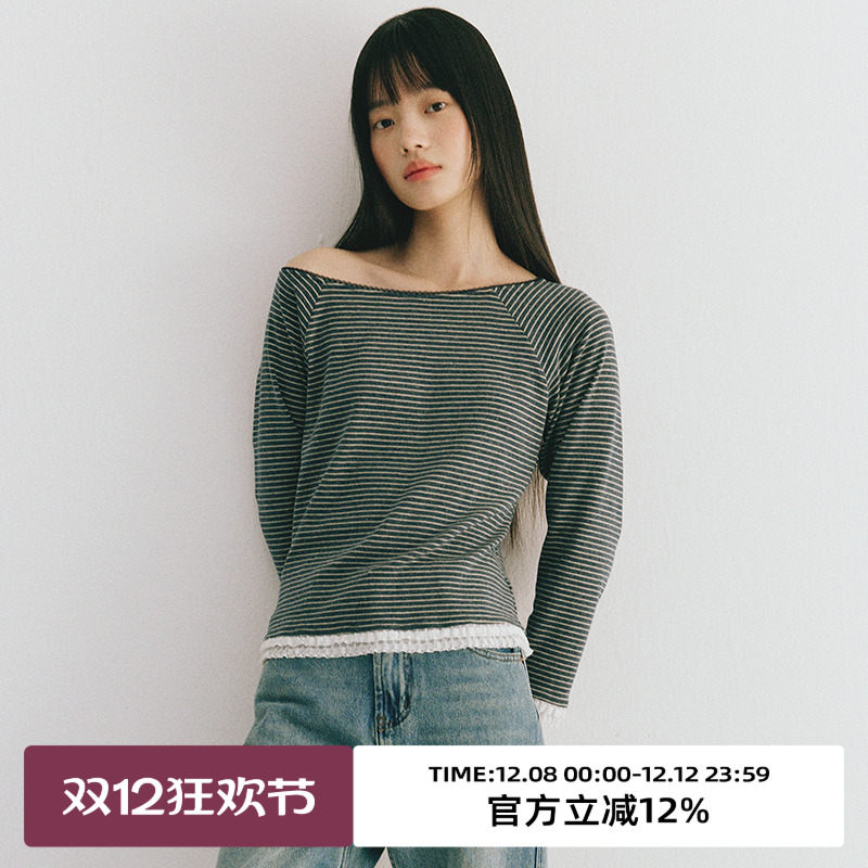 一字领领型/条纹针织/花边拼接