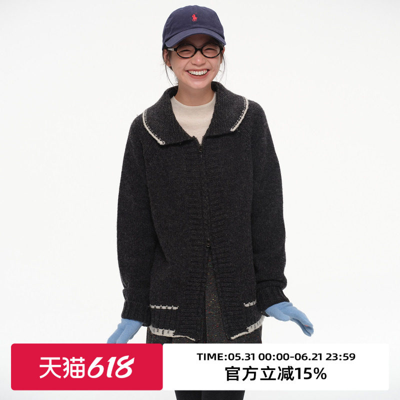 omont蛋挞家100%羊毛复古棒球风拉链针织开衫冬宽松毛衣外套