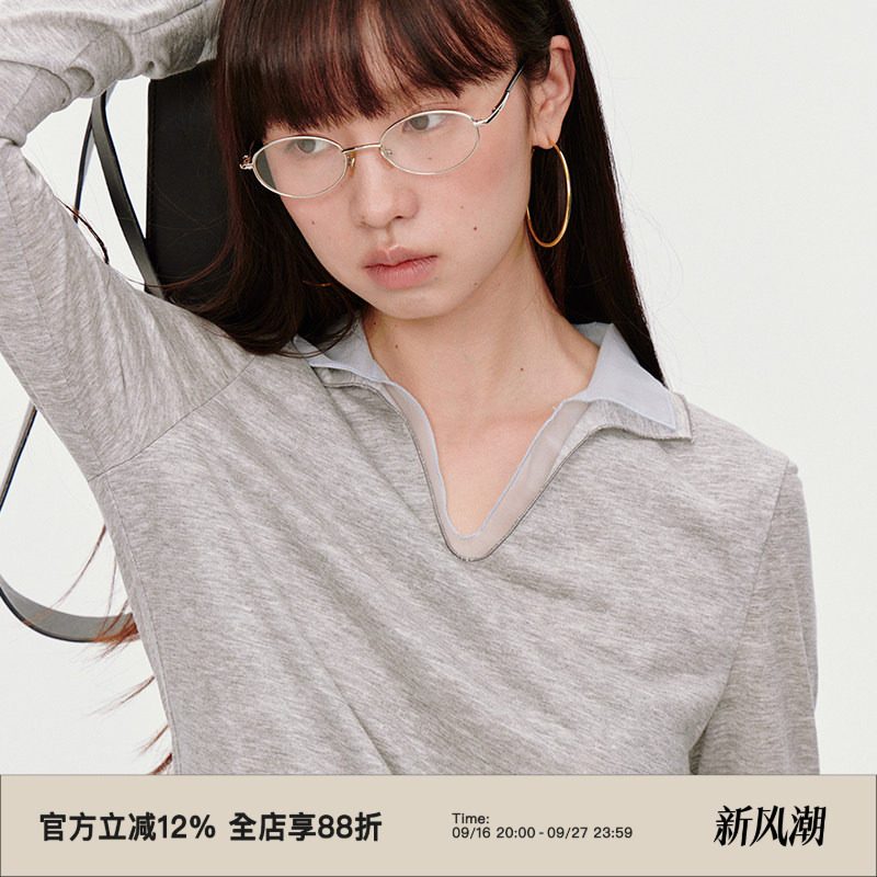 小翻领拼接欧根纱/长袖T恤图片