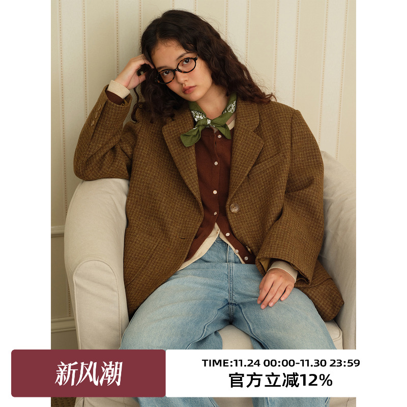 复古小千鸟格毛呢西装外套