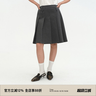 omont蛋挞家复古学院风灰色百褶裙秋季高腰显瘦中长半身裙子