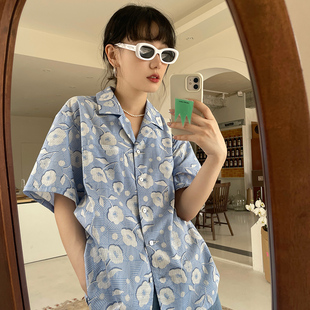 女士复古夏盐宽松显瘦港风碎花衬衣上衣 omont蛋挞家 短袖 衬衫 夏季