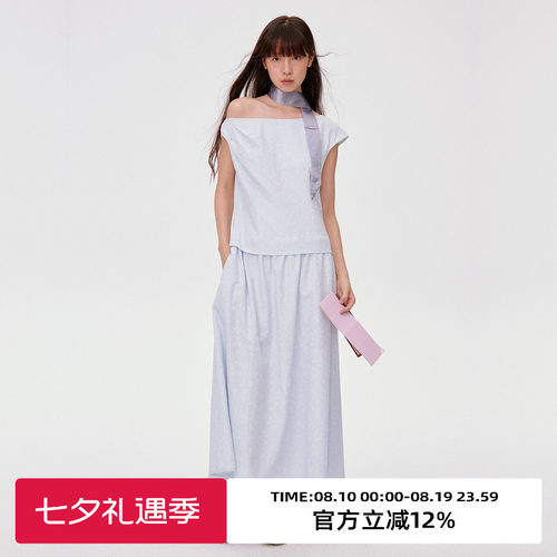格纹面料/一字斜肩假两件连衣裙