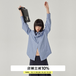 女春秋气质宽松休闲百搭格子衬衣 衬衫 omont蛋挞家 复古美拉蓝长袖