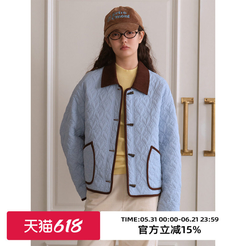 omont蛋挞家复古爱心绗棉撞色领轻薄棉服秋冬季保暖夹克外套