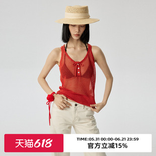 omont蛋挞家 进口金属丝镂空针织上衣夏季亨利领宽松背心吊带