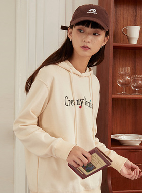 omont蛋挞家 复古字母刺绣连帽卫衣女秋冬季宽松百搭慵懒风上衣