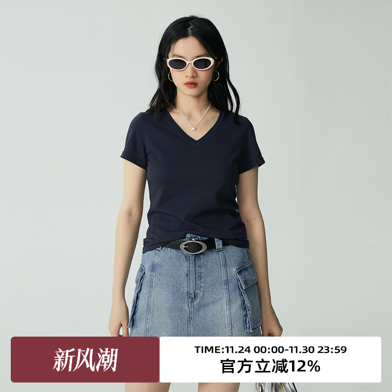 omont短袖v领薄款修身T恤