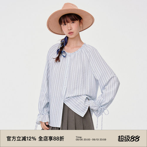 印花面料/袖口绑带设计/长袖衬衫