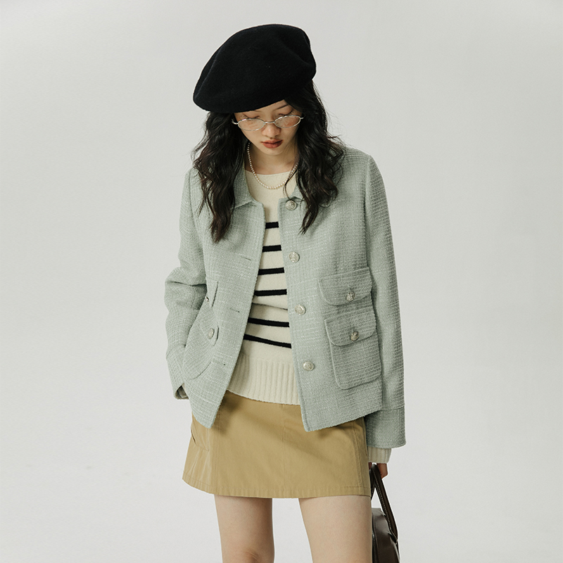 omont翻领宽松小香风外套