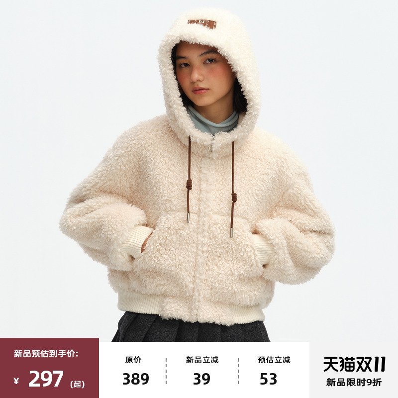 复古连帽拼接皮毛一体外套