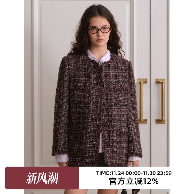 复古小香风牛角扣毛呢外套