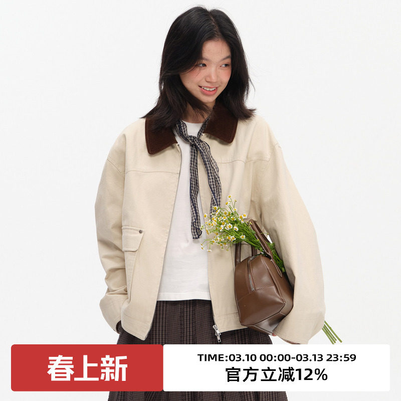 omont蛋挞家复古拼接撞色领夹克短外套2026春季宽松休闲工装上衣