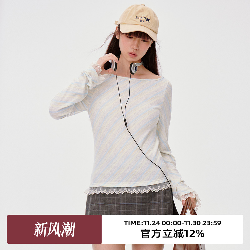 一字肩斜条纹/下摆蕾丝长袖T恤