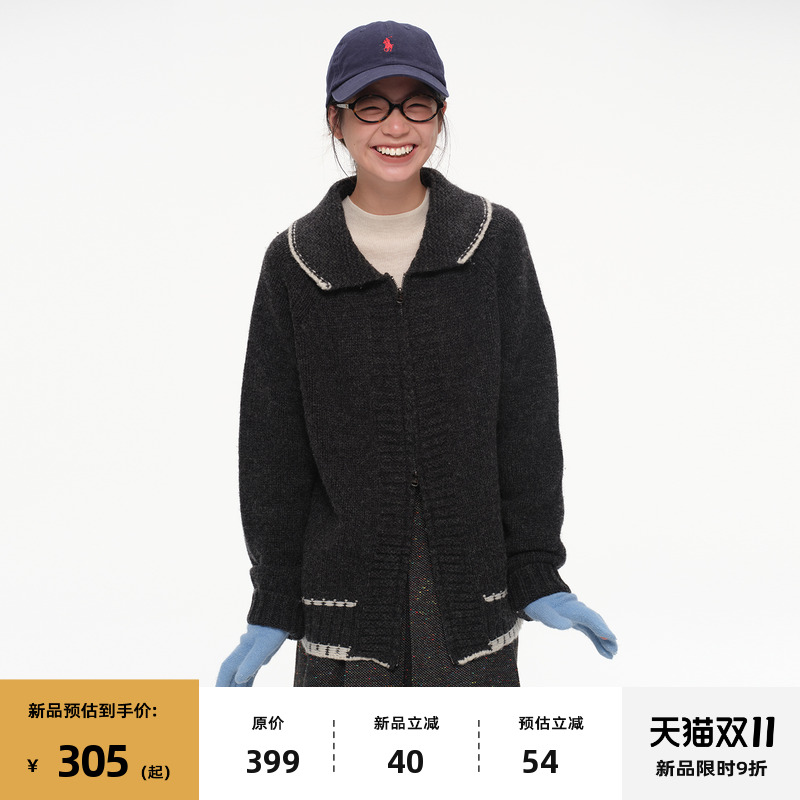 复古棒球服拉链针织开衫外套