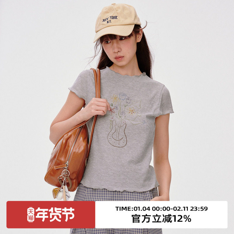 omont蛋挞家复古半高领印花短袖T恤2025夏季简约正肩修身显瘦上衣,女装/女士精品,T恤,淘宝优惠券,粉丝福利购,淘宝优惠卷