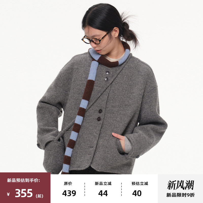 复古圆领短款毛呢外套大衣