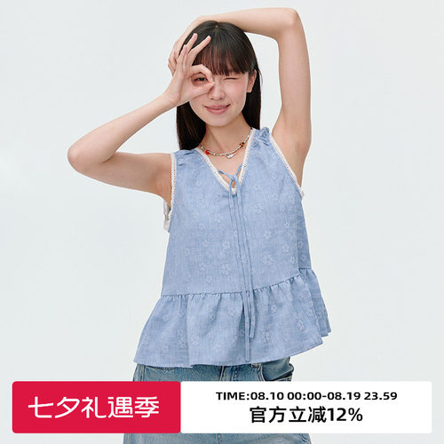 V领设计/荷叶边下摆/无袖上衣