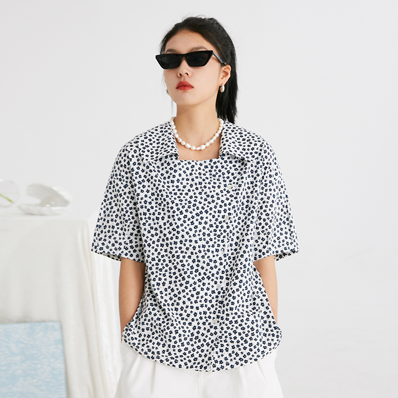 omont蛋挞家方领春夏季短袖衬衫