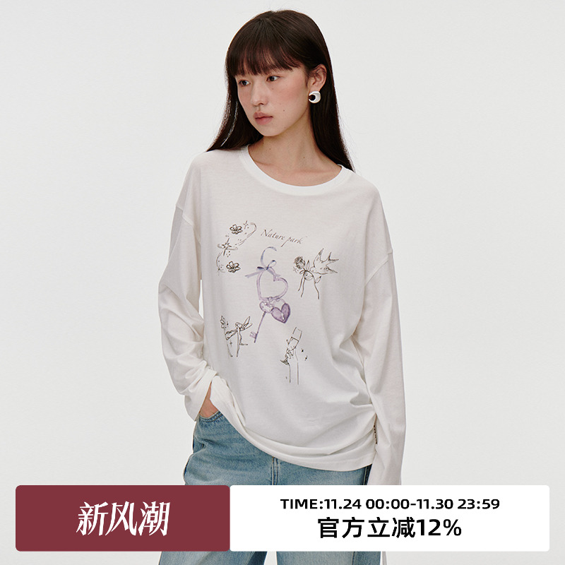 植物系印花/抽绳设计/长袖T恤