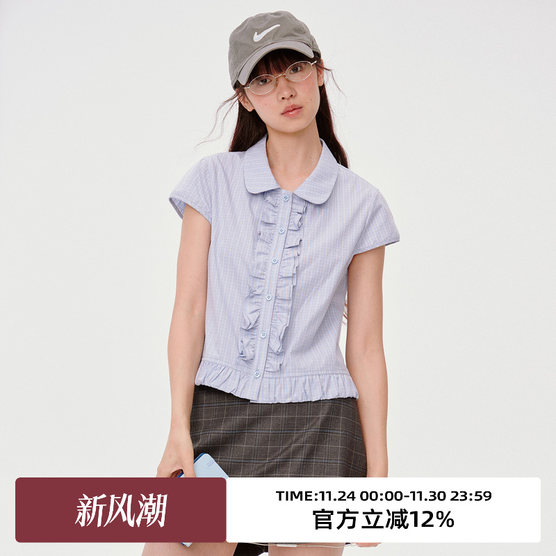 下摆花苞/.荷叶边门襟短袖衬衫