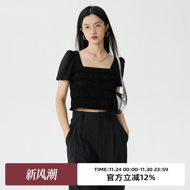 衬衫omont蛋挞家泡泡袖短款衬衫