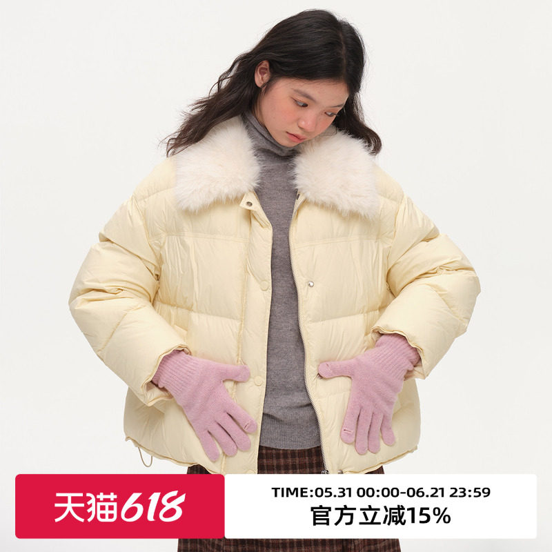 omont蛋挞家复古仿狐狸毛翻领短款羽绒服冬宽松90白鸭绒外套