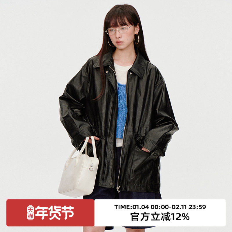 omont蛋挞家 复古黑色PU皮翻领皮衣外套春秋季宽松休闲中长上衣,女装/女士精品,皮衣,淘宝优惠券,粉丝福利购,淘宝优惠卷
